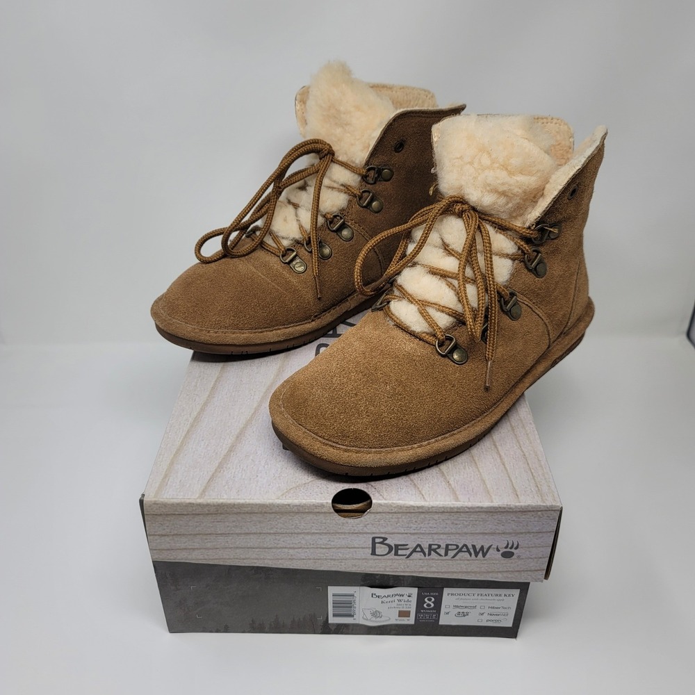 Bearpaw Kerri Suede LaceUp Ankle Snow Boots Booties Sz 8W Hickory Brown Neverwet